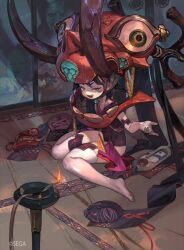 1girl african_mask black_hair black_shirt fire full_body green_eyes incense koshoushou_(sengoku_taisen) looking_at_viewer mask official_art open_mouth sengoku_taisen shirt short_hair sitting sleeveless sleeveless_shirt so-taro solo tatami thighhighs white_thighhighs