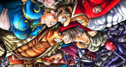 2boys 4girls abs absurdres ainu_clothes angry artist_name black_hair blue_hair breasts brown_eyes brown_hair capcom chain chinese_clothes chun-li clenched_hand clenched_teeth crossover face-to-face hair_ribbon headband highres jacket japanese_clothes justice_gakuen kazama_akira large_breasts legs multiple_boys multiple_girls muscular muscular_male nakoruru open_clothes open_jacket open_mouth pants pink_lips ponytail ribbon ryu_(street_fighter) samurai_spirits shirt short_hair sleeveless sleeveless_shirt snk street_fighter teeth the_king_of_fighters thighs