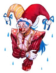 1boy absurdres alternate_costume bandaid bandaid_on_face bandaid_on_hand blue_ribbon buggy_the_clown clown_nose cropped_torso facepaint hat highres holding_own_arm jester_cap jester_costume long_hair male_focus one_piece ribbon sad sideburns solo tears uncomfortable vamos_mk white_background