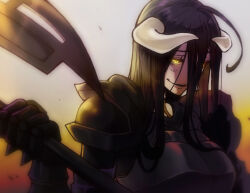 1girl albedo_(overlord) armor axe battle_axe black_armor demon_girl demon_horns full_armor hermes_trismegistus_(overlord) holding holding_weapon horns long_hair monotsuki overlord_(maruyama) solo weapon yellow_eyes