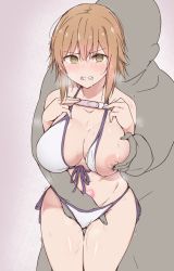 1girl bikini blush breasts brown_eyes brown_hair cleavage clenched_teeth covered_erect_nipples faceless faceless_male fingering grabbing_another&#039;s_breast grabbing_from_behind grand_blue groping hand_in_panties hidarite_no_hoosoku_(tdog) holding holding_pregnancy_test kotegawa_chisa large_breasts looking_at_viewer nipples one_breast_out panties pregnancy_test pubic_tattoo saliva sweat swimsuit tattoo teeth trembling underwear white_bikini