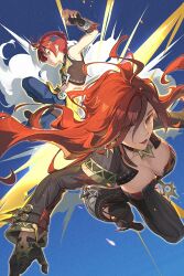 1boy 1girl :d ahoge black_bodysuit black_choker black_gloves blue_background blue_pants bodysuit breasts choker cleavage closed_mouth collarbone crop_top eyes_visible_through_hair fingerless_gloves floating_hair genshin_impact gloves hair_between_eyes long_hair long_sleeves looking_to_the_side mavuika_(genshin_impact) medium_breasts midriff navel nooo open_mouth pants profile red_eyes red_hair short_hair shrug_(clothing) smile stomach strapless_bodysuit symbol-shaped_pupils very_long_hair xbalanque_(genshin_impact)