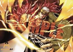 1boy 2024 abarai_renji angry animal_print aura bandana bankai black_hakama black_kimono bleach bleach:_sennen_kessen-hen chest_tattoo clenched_teeth commentary cowboy_shot dated extra_arms fighting_stance film_grain floating_hair forehead_tattoo foreshortening hakama highres holding holding_sword holding_weapon incoming_attack japanese_clothes kimono long_hair long_sleeves looking_at_viewer making-of_available male_focus monster_art_(rlawnsgr7) procreate_(medium) red_eyes red_hair sample_watermark sharp_teeth signature solo souou_zabimaru_(bankai) sword tattoo teeth tiger_print tsurime v-shaped_eyebrows watermark weapon wide-eyed wide_sleeves