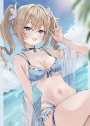 1girl :d alternate_costume barbara_(genshin_impact) bikini blonde_hair blue_bikini blue_choker blue_eyes blue_gemstone blue_sky blush breasts breasts_apart choker cloud collarbone commentary day drill_hair fingernails frilled_bikini frills gem genshin_impact hair_between_eyes hand_up highres long_hair maruro medium_breasts navel open_mouth outdoors sky smile solo stomach sunlight swimsuit twin_drills