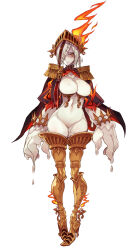 blush boots braid breasts brown_hair candle candlegeist_(monster_girl_encyclopedia) cape colored_skin epaulettes fire hair_over_one_eye high_heel_boots high_heels highres kenkou_cross large_breasts looking_at_viewer medium_hair monster_girl monster_girl_encyclopedia multicolored_hair official_art orange_eyes shaded_face thigh_boots two-tone_hair wax white_hair white_skin