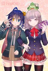 Rule 34 | &gt; &lt;, 2girls, backpack, bag, black jacket, black thighhighs, blue eyes, brown skirt, buttons, chibi, chuunibyou demo koi ga shitai!, closed mouth, commentary, commission, commissioner name, cosplay, costume switch, crossover, danganronpa (series), danganronpa 2: goodbye despair, eyelashes, game boy advance, gen 1 pokemon, handheld game console, heterochromia, holding, holding handheld game console, ivysaur, jacket, locked arms, multiple girls, nanami chiaki, nintendo, open mouth, pink background, pink bag, pink ribbon, pokemon, pokemon (creature), purple hair, red skirt, ribbon, short hair, skirt, smile, sparkle, star fox, super smash bros., takanashi rikka, thighhighs, v, wolf o&#039;donnell, yasaikakiage, yellow eyes, zettai ryouiki