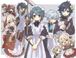 &gt;_&lt; ... 2girls 6+boys ahoge albedo_(genshin_impact) alternate_costume annoyed apron ascot back_bow black_bow black_bowtie black_dress black_shirt blonde_hair blue_ascot blue_eyes blush book border bottle bow bowl bowtie braided_sidelocks brooch brown_dress brown_hair chibi chongyue_(arknights) clenched_hands commentary_request corn_kuten crossdressing cup dress drinking_glass embarrassed enmaided facial_mark flower flower-shaped_pupils forehead_mark frilled_apron frills genshin_impact gradient_hair green_hair grey_background hair_flower hair_ornament hand_on_own_hip holding holding_book holding_bottle holding_tray hu_tao_(genshin_impact) jewelry kaedehara_kazuha klee_(genshin_impact) maid maid_headdress multicolored_hair multiple_boys multiple_girls nervous orange_hair pointy_ears red_bow red_bowtie red_eyes red_hair red_skirt shirt short_hair simple_background skirt spoken_ellipsis streaked_hair striped_bow striped_bowtie striped_clothes symbol-shaped_pupils tray twintails venti_(genshin_impact) wa_maid waist_apron white_apron white_background white_flower white_hair wide_sleeves wine_glass xiao_(genshin_impact) xingqiu_(genshin_impact) yellow_bow yellow_bowtie yellow_eyes zhongli_(genshin_impact)