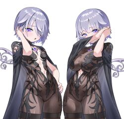 2girls :o ai-generated_art_(topic) alternate_costume black_bodysuit black_cape blunt_bangs blush bodysuit breasts cape center_opening chest_jewel choppy_bangs chronopattern_dress clothing_cutout commentary covered_groin covered_mouth cowboy_shot crystal_wings diamond_facial_mark facial_mark fingernails flat_chest gurumie hair_over_one_eye hand_on_own_hip highres hololive hololive_english koseki_bijou large_breasts loli looking_at_viewer mature_female momseki_(koseki_bijou) mother_and_daughter multiple_girls navel navel_cutout one_eye_covered own_hands_clasped own_hands_together purple_eyes purple_hair purple_nails see-through_bodysuit see-through_clothes short_hair shortstack simple_background thigh_strap tucking_hair virtual_youtuber white_background