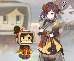 Rule 34 | 1girl, ?, birgitta (genshin impact), birgitta (genshin impact) (cosplay), black gloves, black pantyhose, blonde hair, breasts, brown hair, chiori (genshin impact), commentary, cosplay, drill hair, drill ponytail, genshin impact, gloves, hair ornament, hair stick, haori, highres, japanese clothes, jhp987, kimono, long hair, multicolored hair, obi, pantyhose, red eyes, sash, short kimono, sweatdrop, symbol-only commentary, tamoto (genshin impact), zoom layer