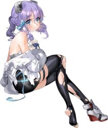 1girl black_gloves blue_eyes feet fingerless_gloves full_body gift gift_bag gloves hair_ribbon headgear holding holding_gift jacket kantai_collection langley_(kancolle) langley_(white_day)_(kancolle) looking_at_viewer looking_to_the_side medium_hair official_art pencil_skirt purple_hair ribbon shirt skirt sleeveless sleeveless_shirt solo thighhighs torn_clothes torn_thighhighs transparent_background white_day white_jacket white_shirt zeco
