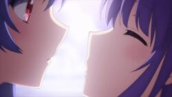 2girls animated anime_screenshot belt blue_hair blue_skirt blush braid bug butterfly closed_eyes crown_braid frilled_skirt frilled_sleeves frills highres incest indoors insect kiss lips long_hair multiple_girls navel red_eyes shirt siblings sidelocks sisters skirt sorakado_ai sorakado_ao sound summer_pockets tagme twincest twins video white_shirt yuri