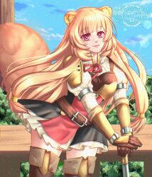 1girl animal_ear_fluff animal_ears armor armored_gloves belt black_dress blue_sky blunt_bangs boots breastplate breasts brown_belt brown_boots brown_gloves brown_hair closed_mouth cloud cloudy_sky collared_dress commentary day dress elbow_gloves english_commentary eyelashes floating_hair forest gloves high_collar highres layered_dress leather_armor lips long_hair long_sleeves looking_at_viewer medium_breasts metal_arm_cuffs metal_wrist_cuffs nature neck_ribbon outdoors pauldrons pleated_dress raccoon_ears raccoon_girl raccoon_tail raphtalia red_dress red_eyes red_ribbon ribbon short_dress shoulder_armor single_pauldron sky sleeveless sleeveless_dress smile smudgielefty solo standing striped_clothes striped_dress sword tail tate_no_yuusha_no_nariagari thigh_boots thighhighs two-tone_dress vertical-striped_clothes vertical-striped_dress weapon white_dress zettai_ryouiki