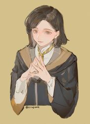 1girl absurdres black_hair black_robe brown_eyes commentary english_commentary highres hiiragimare hogwarts_legacy hogwarts_school_uniform hooded_robe hufflepuff looking_at_viewer necktie own_hands_together poppy_sweeting robe school_uniform shirt short_hair solo twitter_username white_shirt wide_sleeves wizarding_world yellow_necktie