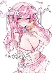 Rule 34 | 1girl, antler ornament, antlers, bare shoulders, bikini, blossum (vtuber), blush, bow, breasts, choker, cleavage, closed mouth, commentary, commission, earrings, flower, flower collar, flower earrings, flower in eye, frilled bikini, frills, hair between eyes, hair flower, hair ornament, highres, holding, holding rubber duck, horn flower, horns, indie virtual youtuber, jewelry, large breasts, long hair, looking at viewer, miyuchiq, navel, pink bikini, pink choker, pink eyes, pink flower, pink hair, pink skirt, pointy ears, rubber duck, simple background, skirt, smile, solo, stomach, swimsuit, symbol in eye, thighs, virtual youtuber, white background, white bikini, white bow, white flower, white horns