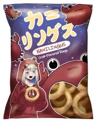 :d absurdres agemmata amanogawa_shiina amanogawa_shiina_(2nd_costume) animal_earrings bag_of_chips blonde_hair blue_eyes blue_hair blunt_bangs blush bow bowtie colored_inner_hair crab crab_claw crab_hair_ornament crab_hood double_exposure food fried_food hair_ornament heart heart_hair_ornament highres holding holding_food hood hoodie looking_at_viewer multicolored_hair open_mouth phase_connect red_hoodie self-upload sidelocks smile two-tone_hair virtual_youtuber wavy_mouth white_background