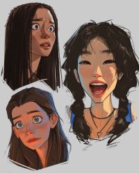 3girls :d black_eyes blue_eyes braid brown_hair dreadlocks freckles green_eyes highres jewelry long_hair looking_at_viewer multiple_expressions multiple_girls narrowed_eyes necklace open_mouth original portrait sam_yang smile twin_braids white_background wide-eyed worried