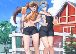 2girls abborent alcohol barn baseball_cap beer blue_eyes blue_hair bob_cut breasts brown_hair cleavage cloud cloudy_sky crop_top fence green_eyes hair_over_one_eye hair_ribbon hat highres large_breasts locked_arms long_hair looking_at_viewer multiple_girls naked_overalls navel outdoors overalls pitcher_(container) ponytail re:zero_kara_hajimeru_isekai_seikatsu rem_(re:zero) ribbon shaula_(re:zero) short_shorts shorts side-by-side sky tree very_long_hair