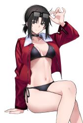 Rule 34 | bikini, black bikini, black choker, black eyes, black hair, breasts, choker, crossed legs, egomeshi, fate (series), fur collar, glasses, highres, jacket, kara no kyoukai, looking at viewer, medium breasts, navel, open clothes, open jacket, panties, red jacket, ryougi shiki, short hair, sitting, smile, stomach, string panties, swimsuit, type-moon, underwear, white background