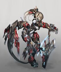 1girl absurdres aqua_eyes armor blue_eyes bodysuit breasts brown_hair exoskeleton full_body grey_background hands_on_hilt headgear highres hyemalequisetum leaning_forward long_hair looking_at_viewer mask mecha_musume mechanical_tail medium_breasts mouth_mask original planted planted_sword planted_weapon ponytail science_fiction skin_tight solo standing sword tail weapon