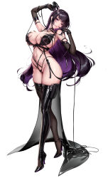 1girl absurdres arm_up bikini black_bikini black_choker black_gloves black_hair black_thighhighs breasts choker cian_yo covered_erect_nipples crossed_legs elbow_gloves full_body gloves goddess_of_victory:_nikke high_heels highres holding holding_whip holster large_breasts long_hair micro_bikini mihara_(bonding_chain)_(nikke) mihara_(nikke) multicolored_hair navel parted_lips purple_eyes purple_hair revealing_clothes simple_background solo standing stomach swimsuit thigh_holster thighhighs two-tone_hair very_long_hair watson_cross white_background