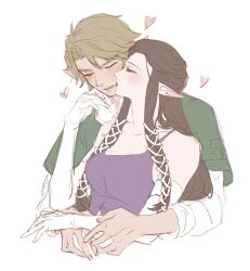 Rule 34 | 1boy, 1girl, bare shoulders, blonde hair, blush, brown hair, closed eyes, couple, cropped torso, dress, elbow gloves, gloves, green tunic, hair ribbon, hetero, hug, hug from behind, kiss, kissing cheek, kurokawa karasu, link, nintendo, parted bangs, parted lips, pointy ears, princess zelda, purple dress, ribbon, shirt, short hair, sidelocks, the legend of zelda, the legend of zelda: twilight princess, tunic, upper body, white gloves, white ribbon, white shirt