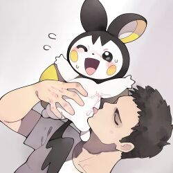 1boy :d anus blush closed_eyes emolga flying_sweatdrops gen_5_pokemon grey_background highres licking licking_another nintendo one_eye_closed open_mouth pokemon pokemon_(creature) saliva shirt simple_background smile tongue white_shirt youjo_modoki