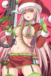 Rule 34 | 1girl, absurdres, adapted costume, ammunition belt, bikini, blush, breasts, cleavage, costume combination, fate/grand order, fate (series), florence nightingale (fate), florence nightingale (santa) (fate), florence nightingale (trick or treatment) (fate), gloves, green bikini, green gloves, gun, highres, holding, holding syringe, jacket, large breasts, layered bikini, light machine gun, long hair, long sleeves, looking at viewer, machine gun, md5 mismatch, official alternate costume, open mouth, purple bikini, red headwear, red jacket, resolution mismatch, rubber gloves, santa costume, shimouki izui, source smaller, swimsuit, syringe, weapon