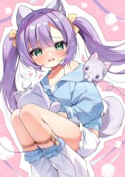 1girl animal_ears artist_name blue_sailor_collar blue_shirt blush bow camisole collarbone dog_ears dog_girl dog_tail feet_out_of_frame frilled_shorts frills furrowed_brow gau_(n00_shi) green_eyes hair_between_eyes hair_bow highres holding holding_stuffed_toy knees_apart_feet_together knees_up long_hair long_sleeves looking_at_viewer loose_socks open_mouth original outline outside_border parted_bangs pink_background purple_hair sailor_collar shirt short_shorts shorts shoulder_strap sidelocks simple_background single_bare_shoulder socks solo strap_slip stuffed_animal stuffed_cat stuffed_toy tail tearing_up twintails white_camisole white_outline white_shorts white_undershirt yellow_bow