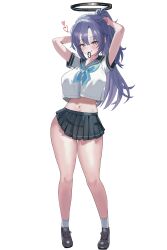 1girl absurdres alternate_costume alternate_hairstyle arms_behind_head black_sailor_collar black_shoes black_skirt blue_archive blue_neckerchief hair_tie_in_mouth highres looking_at_viewer miniskirt mouth_hold navel neckerchief pleated_skirt ponytail purple_eyes purple_hair sailor_collar shirt shoes shogunx1x short_sleeves skirt socks solo tying_hair white_shirt white_socks yuuka_(blue_archive)