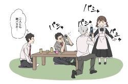 1girl 3boys adachi_tooru alternate_costume apron black_apron black_dress black_hair black_pants black_shoes brown_hair can cellphone collared_shirt cup doujima_nanako doujima_ryoutarou dress flip_phone grey_hair grey_shirt hair_ribbon highres holding holding_phone long_sleeves mug multiple_boys narukami_yu necktie on_one_knee pants persona persona_4 phone pink_ribbon red_necktie ribbon shirt shoes short_twintails simple_background sound_effects standing taking_picture tansansui_udon translation_request twintails white_background white_shirt
