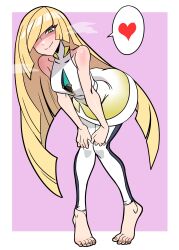 Rule 34 | 1girl, absurdres, bare shoulders, barefoot, blonde hair, blunt ends, border, breasts, chinese commentary, closed mouth, collarbone, commentary request, covered collarbone, dress, feet, ga320aaa, green eyes, hair over one eye, hands on own knees, heart, highres, knees together feet apart, leaning forward, leggings, long hair, looking at viewer, lusamine (pokemon), nintendo, one eye covered, pokemon, pokemon sm, purple background, short dress, simple background, sleeveless, sleeveless dress, small breasts, smile, solo, spoken heart, tiptoes, toenails, toes, very long hair, white border, white dress, white leggings