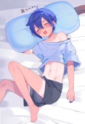 1boy androgynous bad_feet bare_legs barefoot black_shorts blue_hair blue_nails blush closed_eyes collarbone foot_out_of_frame hair_between_eyes kaito_(vocaloid) legs male_focus midriff mogu_(wy5xrt7w) navel on_bed open_mouth oversized_clothes oversized_shirt pillow shadow shirt short_hair short_sleeves shorts sidelocks single_bare_shoulder solo sweatdrop tan tanline thighs toes vocaloid
