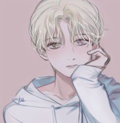 1boy blonde_hair brown_eyes closed_mouth expressionless head_rest hood hoodie jeonghan_(seventeen) k-pop long_sleeves male_focus pearl8 real_life seventeen_(group) simple_background solo upper_body white_hoodie