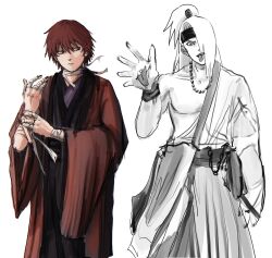 Rule 34 | 1n1nu, 2boys, :p, alternate costume, bandaged arm, bandaged fingers, bandaged neck, bandages, bead necklace, beads, black nails, deidara (naruto), extra mouth, forehead protector, hair over one eye, high ponytail, highres, japanese clothes, jewelry, kimono, looking at another, looking at viewer, male focus, multiple boys, naruto (series), naruto shippuuden, necklace, open clothes, open kimono, partially colored, ponytail, sasori (naruto), simple background, sketch, tongue, tongue out, waving, white background, wristband