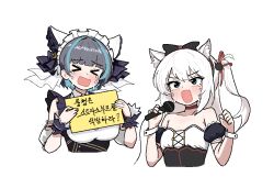&gt;_&lt; 2girls animal_band animal_ear_fluff animal_ears arm_garter azur_lane black_bow blue_eyes blush bow breasts cat_ears cat_hair_ornament cheshire_(azur_lane) choker cocktiel77 cropped_torso crying crying_with_eyes_open cuff_links detached_sleeves dress fake_animal_ears fang frilled_dress frilled_hairband frilled_ribbon frills hair_bow hair_ornament hairband hammann_(azur_lane) hammann_(retrofit)_(azur_lane) hands_up holding holding_microphone holding_sign korean_commentary large_breasts long_hair long_ribbon maid maid_headdress microphone multicolored_hair multiple_girls one_side_up open_mouth puffy_detached_sleeves puffy_short_sleeves puffy_sleeves purple_hair red_choker red_ribbon ribbon short_sleeves sign simple_background skin_fang small_breasts strapless strapless_dress streaked_hair tears trait_connection translation_request two-tone_hair upper_body white_background white_dress white_hair white_ribbon wrist_cuffs