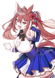 1girl aneco_(westsea1227) animal_ears blue_dress breasts brown_hair daiwa_scarlet_(umamusume) dress fang hair_intakes highres horse_ears horse_girl horse_tail long_sleeves looking_at_viewer open_mouth pointing red_eyes skin_fang solo sweat tail thighhighs tiara twintails umamusume white_background white_thighhighs