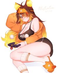 1girl ahoge animal_ears arm_behind_head artist_name ass bare_shoulders blonde_hair blush breasts brown_hair commentary controller embarrassed english_commentary eye_mask feet_out_of_frame gradient_hair hood hoodie jacket jewelry large_breasts long_hair mask mask_on_head multicolored_hair necklace on_floor one_eye_covered orange_eyes orange_hair pajamas shoes shorts sinder_(vtuber) socks virtual_youtuber white_background white_socks woudé yellow_eyes