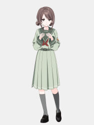 1girl belt black_shoes blush brown_hair closed_mouth full_body green_belt green_sailor_collar green_serafuku green_shirt green_skirt grey_background grey_eyes grey_socks highres kisaragi_hina long_sleeves looking_at_viewer neckerchief original red_neckerchief sailor_collar school_uniform serafuku shirt shoes simple_background skirt socks solo standing