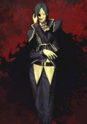 Rule 34 | 1boy, ambiguous red liquid, ascot, belt, black cape, black hair, blue jacket, blue pants, brown belt, cape, closed mouth, collared shirt, dress pants, fate/grand order, fate (series), feet out of frame, gloves, half mask, hand up, jacket, legs together, long sleeves, looking at viewer, male focus, mask, medium hair, official art, pants, parted bangs, phantom of the opera (fate), red background, red eyes, revision, shima udon, shirt, solo, standing, third-party source, torn cape, torn clothes, variant set, white ascot, white gloves, white mask, white shirt, wing collar
