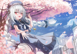 1girl artist_name beret black_bow black_hat black_ribbon black_sailor_collar blue_shirt blue_skirt blue_sky blush bow braid cherry_blossoms cloud coin coin_on_string commentary_request falling_petals fangs grey_hair hair_between_eyes hair_bow hair_ornament hair_ribbon hairclip hat highres holding holed_coin long_hair looking_at_viewer mashilon open_mouth outdoors petals pleated_skirt red_eyes ribbon ryogoku_tsukasa sailor_collar school_uniform serafuku shirt short_sleeves sidelocks skirt sky smile solo specialite_(company) twin_braids twintails virtual_youtuber