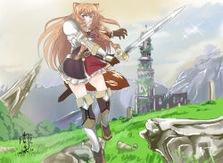 1girl armor armored_boots armored_gloves artist_name belt black_dress blue_sky boots breastplate brown_belt brown_boots brown_gloves brown_hair cloud cloudy_sky collared_dress commentary_request dated dress elbow_gloves full_body gloves hands_up high_collar holding holding_sword holding_weapon layered_dress light_frown long_hair metal_arm_cuffs metal_hair_tubes metal_wrist_cuffs namirokami neck_ribbon pauldrons pink_eyes raphtalia red_dress red_ribbon ribbon ruins scabbard scenery sheath short_dress shoulder_armor signature single_pauldron sky solo sparkle striped_clothes striped_dress sword tate_no_yuusha_no_nariagari thigh_boots tower two-tone_dress vertical-striped_clothes vertical-striped_dress weapon white_dress