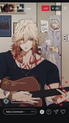 2boys absurdres animal_hood arm_tattoo black_choker black_shirt blonde_hair blue_pajamas braid cat_hood chest_tattoo choker closed_eyes commentary_request cup facial_tattoo ggtnnk gradient_hair guitar hair_between_eyes highres holding holding_cup holding_guitar holding_instrument honkai:_star_rail honkai_(series) hood hood_up instrument jewelry livestream male_focus medium_hair multicolored_hair multiple_boys mydei_(honkai:_star_rail) necklace official_alternate_costume onesie pajamas phainon_(honkai:_star_rail) red_hair red_tattoo shirt short_hair short_sleeves side_braid tattoo white_hair yawning yellow_eyes