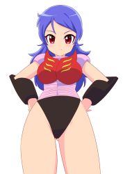 1girl absurdres armor armored_leotard ass blue_hair blush breastplate breasts female_focus fumiki_rikiya garada_k7 hands_on_own_hips highleg highleg_leotard highres large_breasts leotard long_hair looking_at_viewer open_mouth red_eyes robot_girls_z shiny_skin simple_background smile solo standing thighs thong_leotard wide_hips