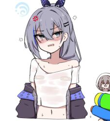 2girls anger_vein bandaid bandaids_on_nipples black_jacket blush breasts chirun0 collarbone commentary drill_hair english_commentary grey_eyes grey_hair holding holding_water_gun honkai:_star_rail honkai_(series) jacket long_hair midriff multiple_girls navel pasties see-through_clothes see-through_shirt shirt silver_wolf_(honkai:_star_rail) small_breasts stelle_(honkai:_star_rail) trailblazer_(honkai:_star_rail) water_gun wet wet_clothes wet_shirt white_shirt yellow_eyes