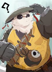1boy ? bara belly black_fur bracelet chinese_clothes closed_mouth commentary_request fat furry furry_male gourd hand_on_headwear highres holding holding_gourd jewelry k.t_(kt0414143919) looking_up male_focus multicolored_fur pan_yinhu panda_boy plump round_eyewear shirt spiked_bracelet spikes sweatdrop white_fur wide-eyed wok yellow_shirt zenless_zone_zero