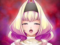 Rule 34 | 1girl, azarin (kouyoku senki exs-tia), black hairband, blonde hair, blush, brown eyes, game cg, hair intakes, hairband, half-closed eyes, inoino, kouyoku senki exs-tia, large variant set, looking at viewer, medium hair, non-web source, official art, open mouth, pink hair, portrait, red background, ribbed sweater, solo, sweater, tongue, tongue out, turtleneck, turtleneck sweater, variant set, white sweater, yellow sweater