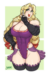 Rule 34 | 1girl, 2020, abs, arm up, artist name, bandaged fingers, bandages, black gloves, black sleeves, black thighhighs, blonde hair, blush, border, borrowed character, breasts, cleavage, collarbone, commentary, commission, cowboy shot, cropped legs, curly hair, dated, eclaire (sisterselect), elbow pads, english commentary, female focus, fingerless gloves, frilled skirt, frilled sleeves, frilled thighhighs, frills, gloves, gradient hair, green background, green eyes, groin, hand on own hip, highres, large breasts, laughing, legs together, leotard, long hair, multicolored hair, ojou-sama pose, open mouth, original, outside border, parted bangs, purple leotard, red hair, red trim, shardanic, skirt, solo, standing, thick thighs, thighhighs, thighs, very long hair, wrestling outfit