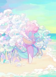 Rule 34 | 1girl, barefoot, basket, blue capelet, blue sky, braid, capelet, clam, cloud, commentary request, dress, full body, gem, highres, korean commentary, leaf, long dress, long hair, original, pearl (gemstone), picking fruit, pink dress, pink hair, shore, single braid, sky, solo, standing, wedjigamja