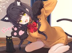 1girl absurdres animal_hands asakura_karen_(heaven_burns_red) black_gloves black_hair bow cat_girl chroemaguro commentary gloves heaven_burns_red highres long_hair long_sleeves paw_gloves paw_pose red_bow solo sweater tail twintails yellow_eyes yellow_sweater