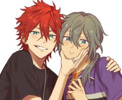 2boys :i amagi_rinne cheek_squash ensemble_stars! facing_to_the_side fang friends grin hair_over_shoulder half-closed_eyes hand_on_another&#039;s_cheek hand_on_another&#039;s_face hand_on_another&#039;s_shoulder hands_up highres jewelry light_blush looking_ahead male_focus multiple_boys necklace otabe_(g0hanpanmen) portrait puffy_short_sleeves puffy_sleeves ring shiina_niki shiina_niki_(casual_spring-summer) short_sleeves side-by-side smile